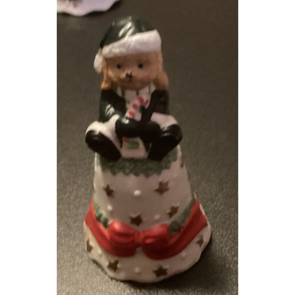 vintage small porcelain christmas bell dog on top 1980 china